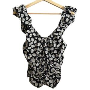 Gap‎ Sleeveless Floral Ruched Smocked Tank Black Medium Romantic Feminine